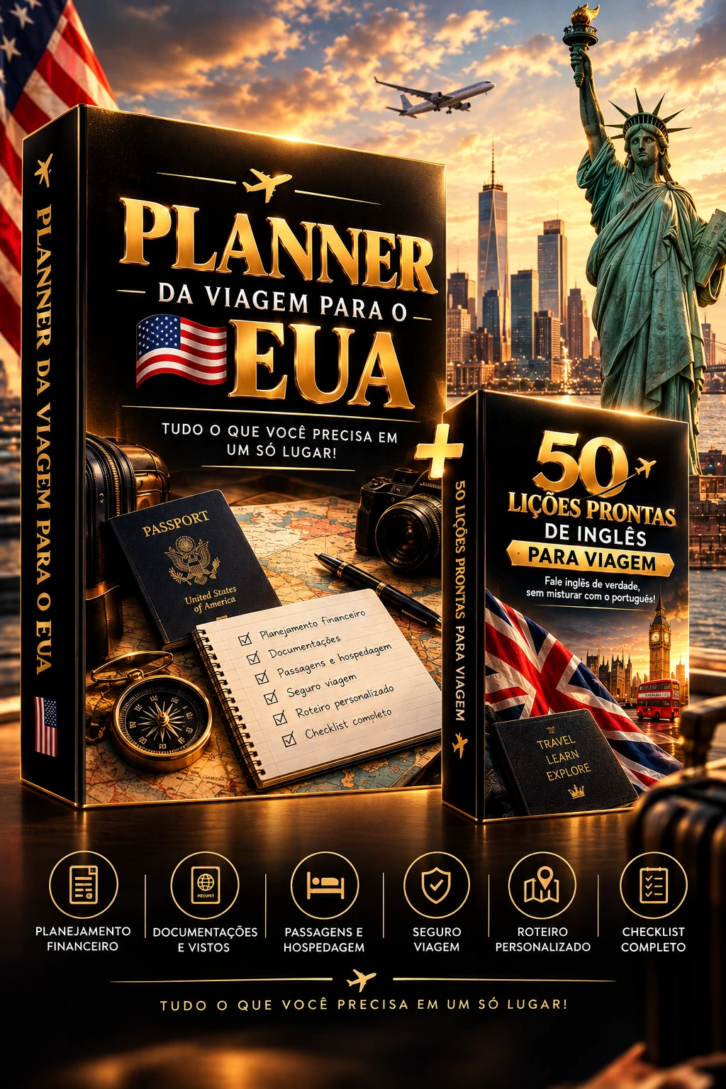 Kit Planner da viagem para os EUA + 50 aulas de inglês para viagem